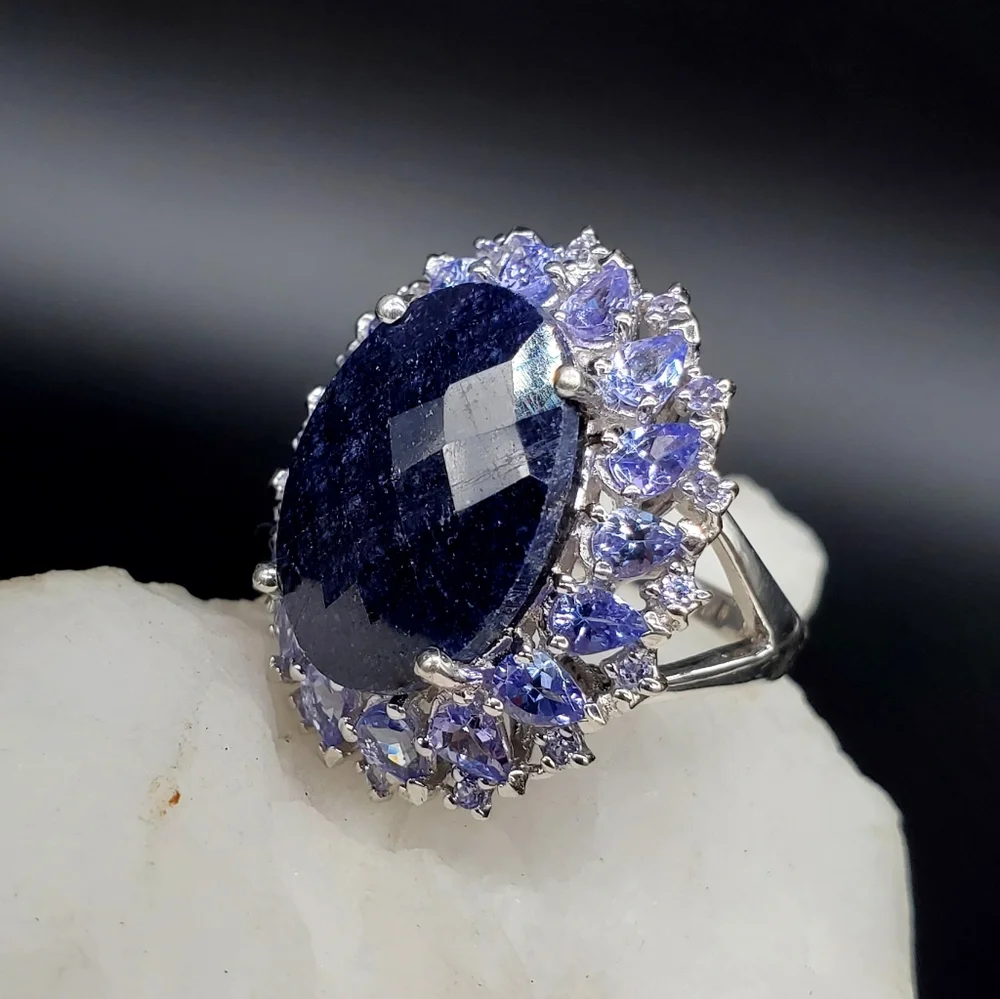 Sterling Silver 925 Designe Ring Raw Blue Sapphire Natural Tanzanite Gemstone